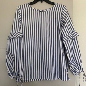 Style Envy Women Blue White Striped Ruffle Long Sleeve Blouse Size M